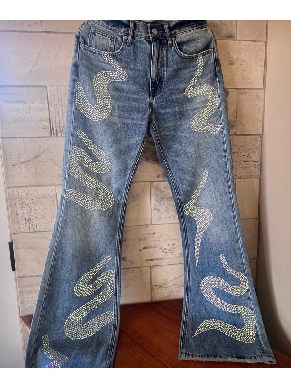 BDG Blue Denim Boot Cut Jeans with Rhinestone Flame Motifs